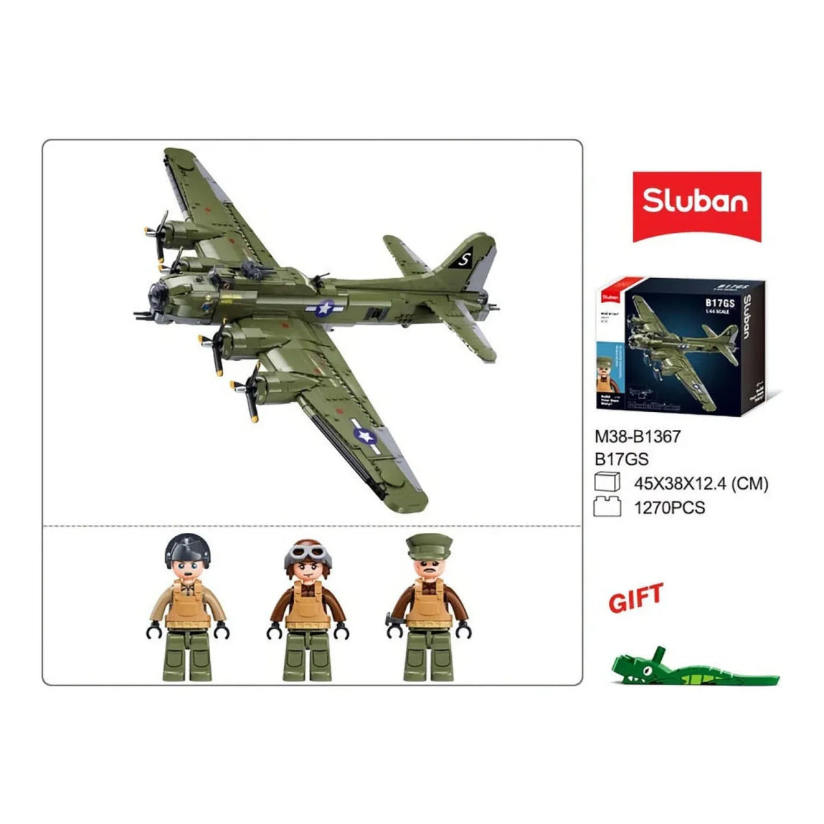 Sluban B1367 WWII B17 Flying Fortress model kit for kids, featuring military building blocks and detailed aircraft design.