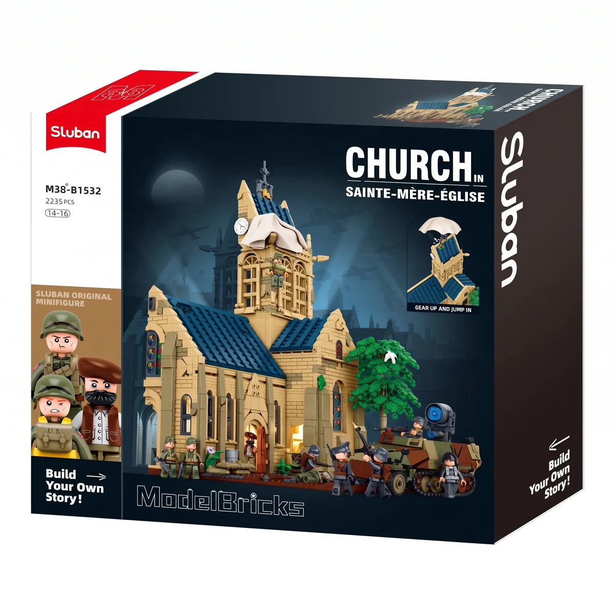 Sluban B1532 WWII Battle of Sainte Mère Église paratrooper model kit with building blocks, suitable for kids' activity and play.