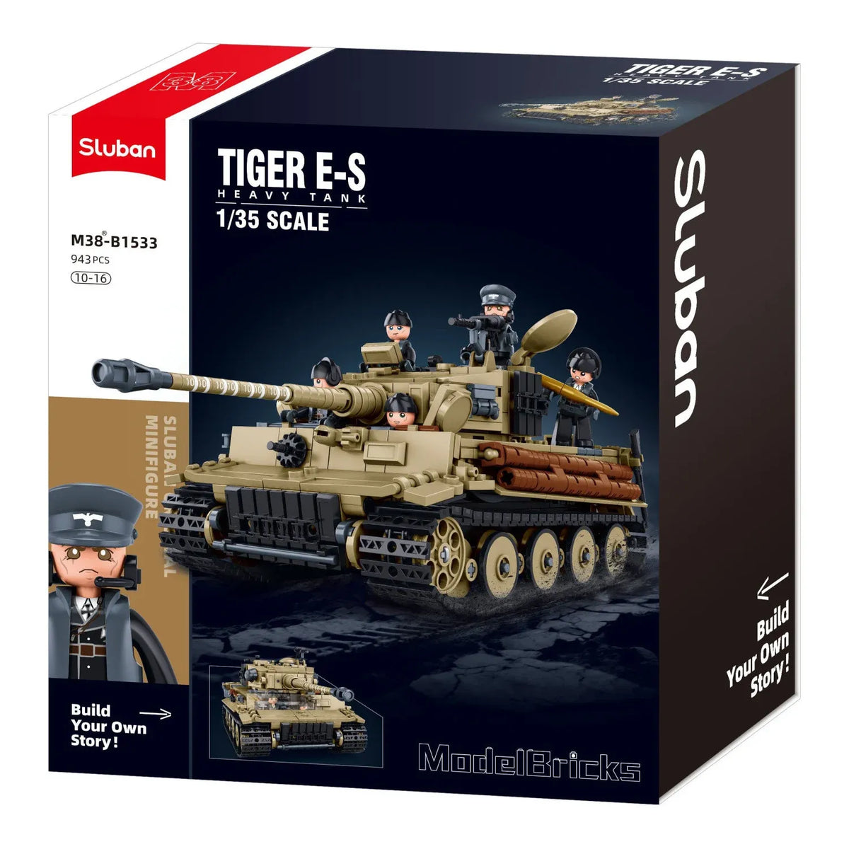 Sluban B1533 WWII Tiger I Tank model kit for kids, German military building blocks toy, detailed construction set for young builders.