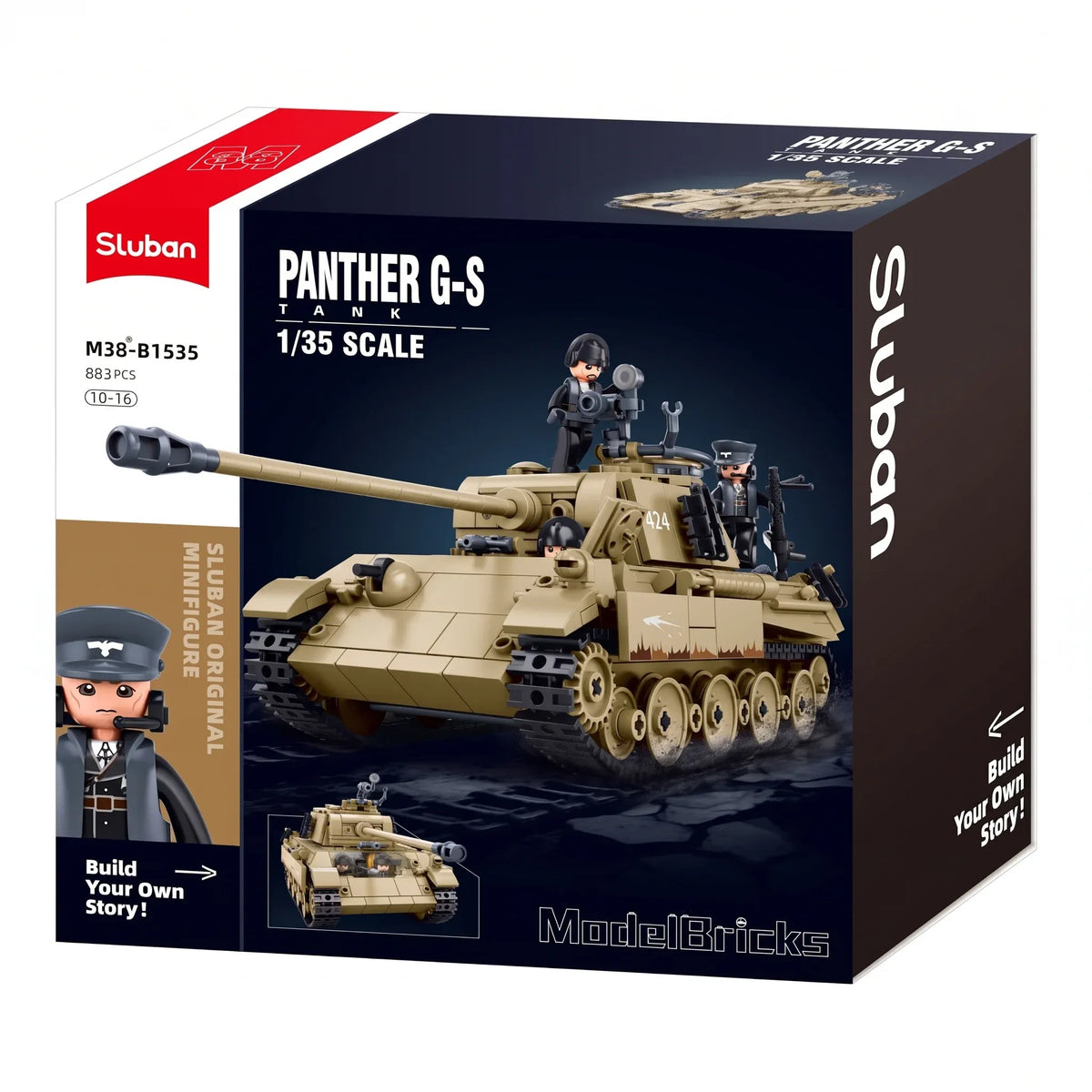 Sluban B1535 WWII Panther G Tank model kit with detailed military building blocks for kids, featuring German tank design and construction pieces.