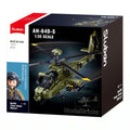 Sluban B1536 Apache Attack Helicopter model kit assembled with army-themed blocks, featuring helicopter details and military design.