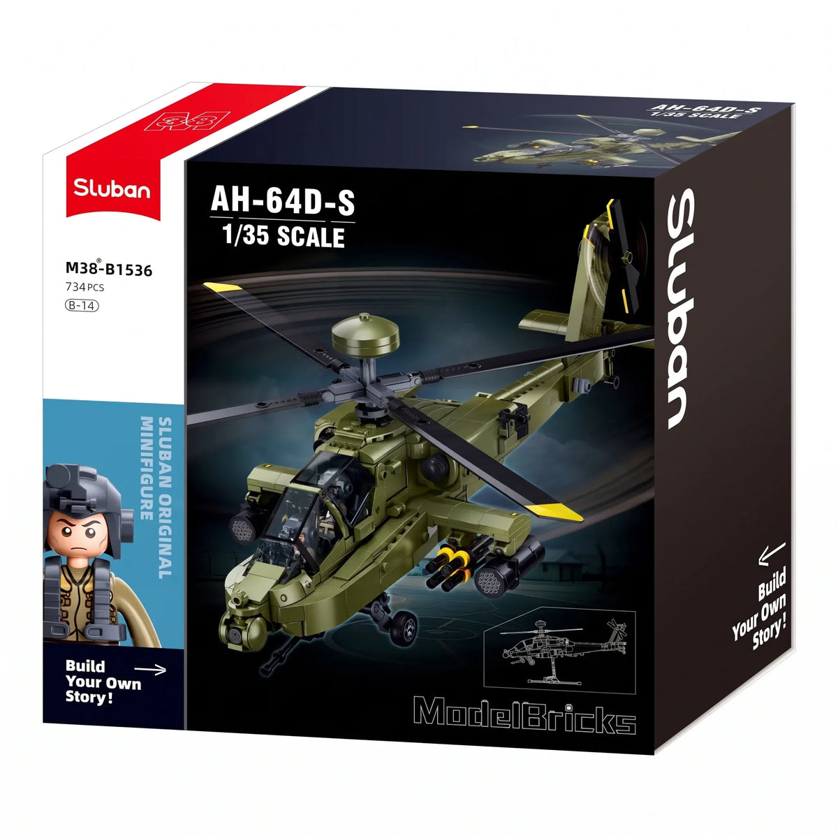 Sluban B1536 Apache Attack Helicopter model kit assembled with army-themed blocks, featuring helicopter details and military design.