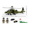 Sluban B1536 Apache Attack Helicopter model kit for kids, assembled with army-themed blocks and detailed helicopter design.