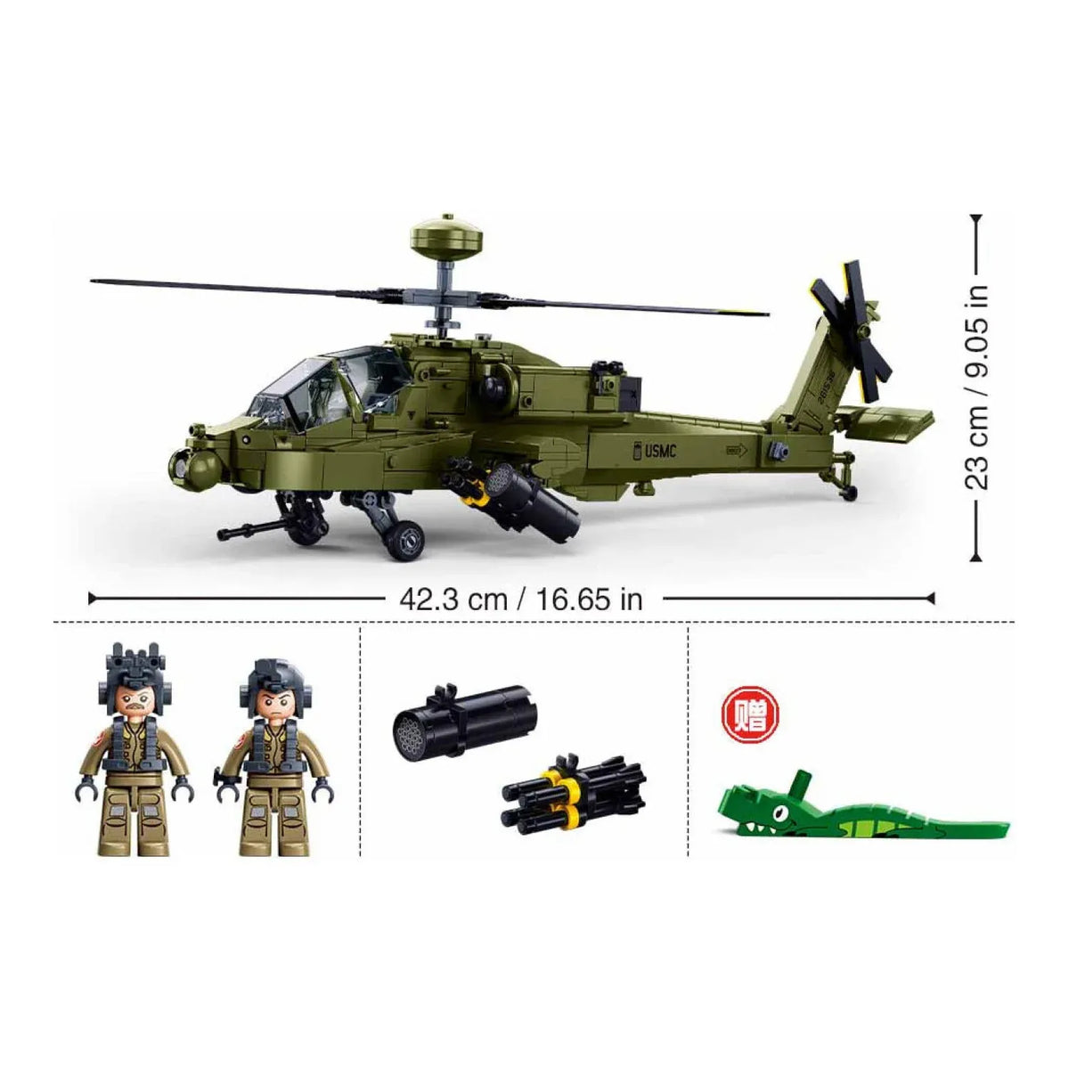 Sluban B1536 Apache Attack Helicopter model kit for kids, assembled with army-themed blocks and detailed helicopter design.