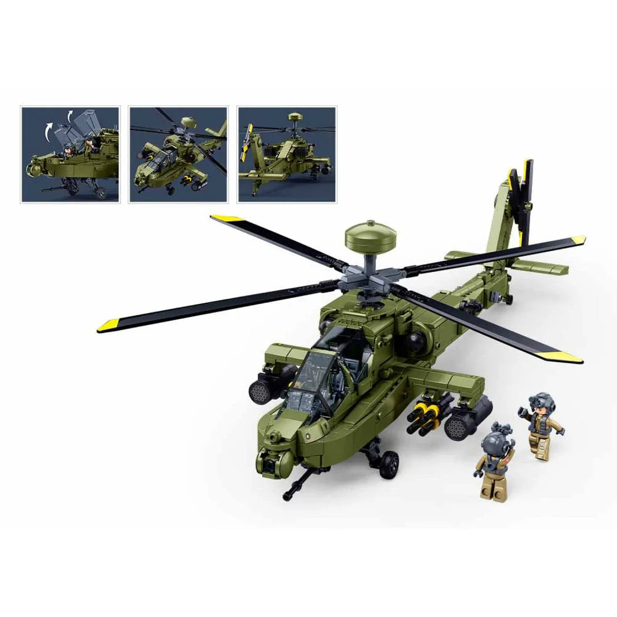 Sluban B1536 Army Apache Attack Helicopter model kit for kids, featuring military helicopter blocks and detailed assembly parts.