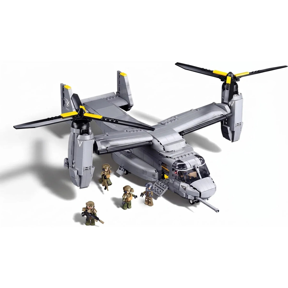 Sluban B1537 MV-22 Osprey tiltrotor helicopter model kit for kids, featuring military aircraft building blocks and DIY assembly.