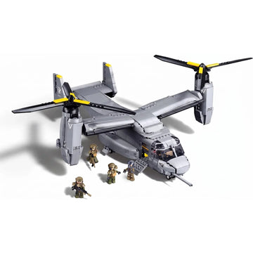 Sluban B1537 MV-22 Osprey tiltrotor helicopter model kit for kids, featuring military aircraft building blocks and DIY assembly.
