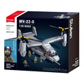Sluban B1537 MV-22 Osprey tiltrotor helicopter model kit for kids, featuring military aircraft building blocks and DIY construction.