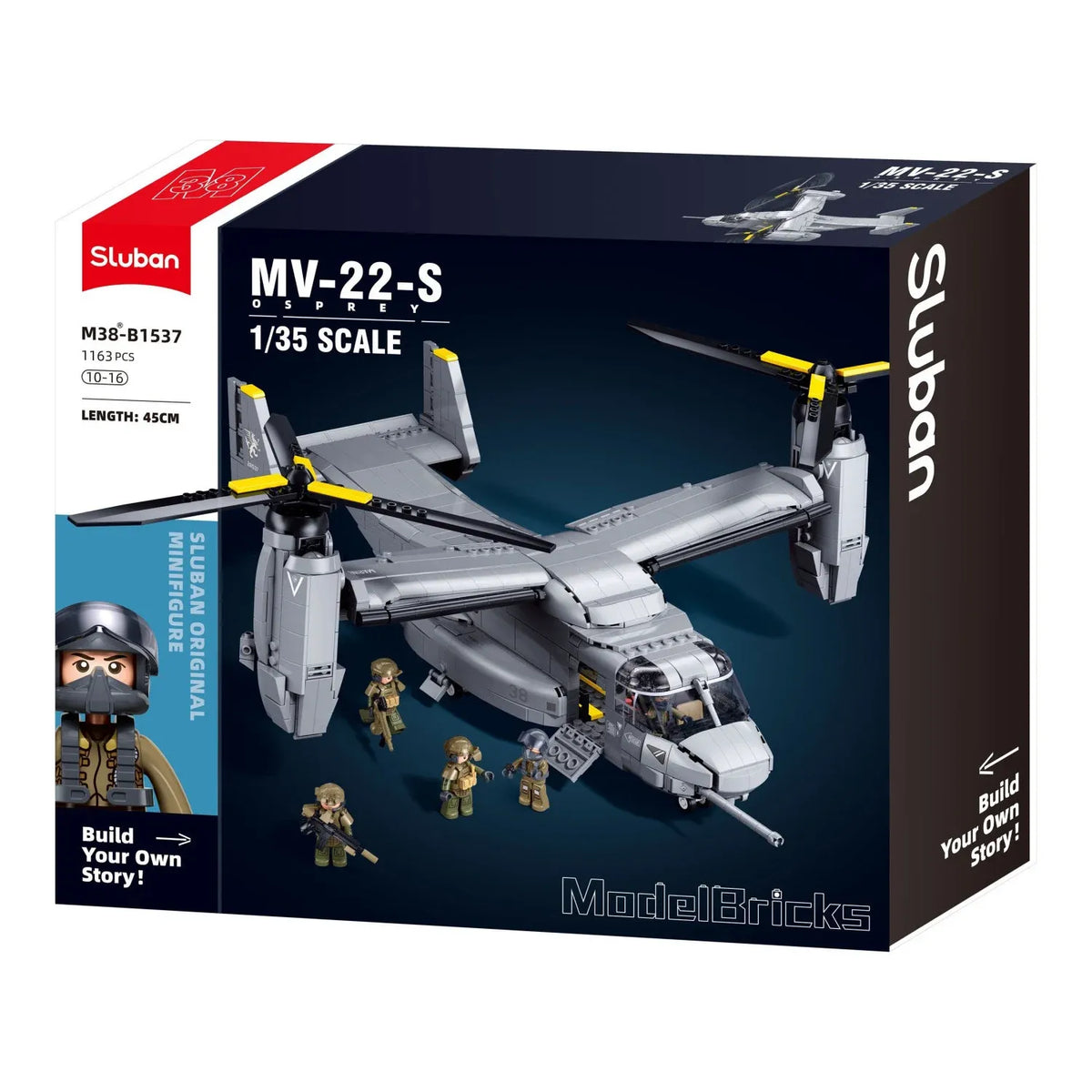 Sluban B1537 MV-22 Osprey tiltrotor helicopter model kit for kids, featuring military aircraft building blocks and DIY construction.