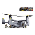 Sluban B1537 MV-22 Osprey model kit showing assembled tiltrotor helicopter toy for kids, featuring military air force design.