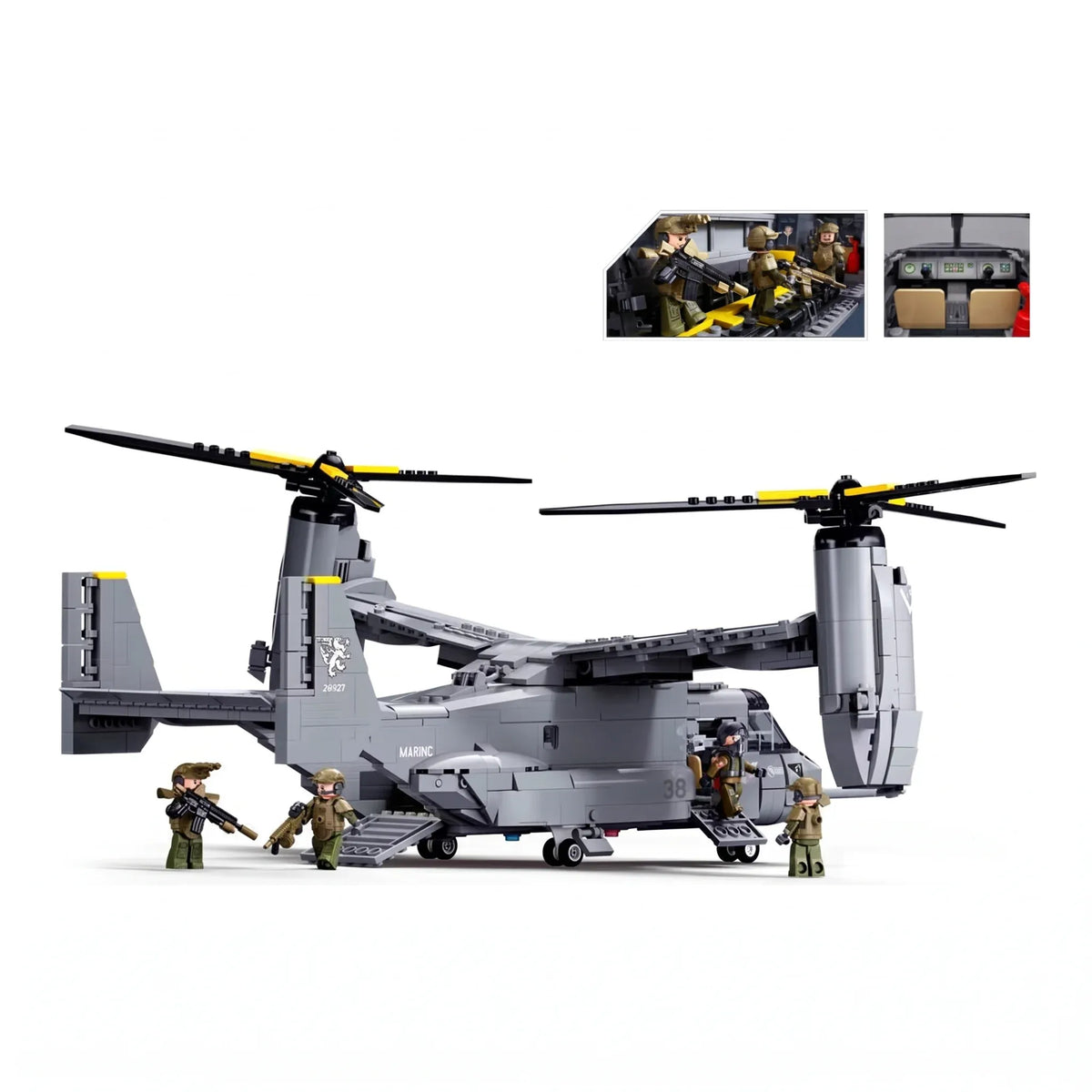 Sluban B1537 MV-22 Osprey model kit showing assembled tiltrotor helicopter toy for kids, featuring military air force design.