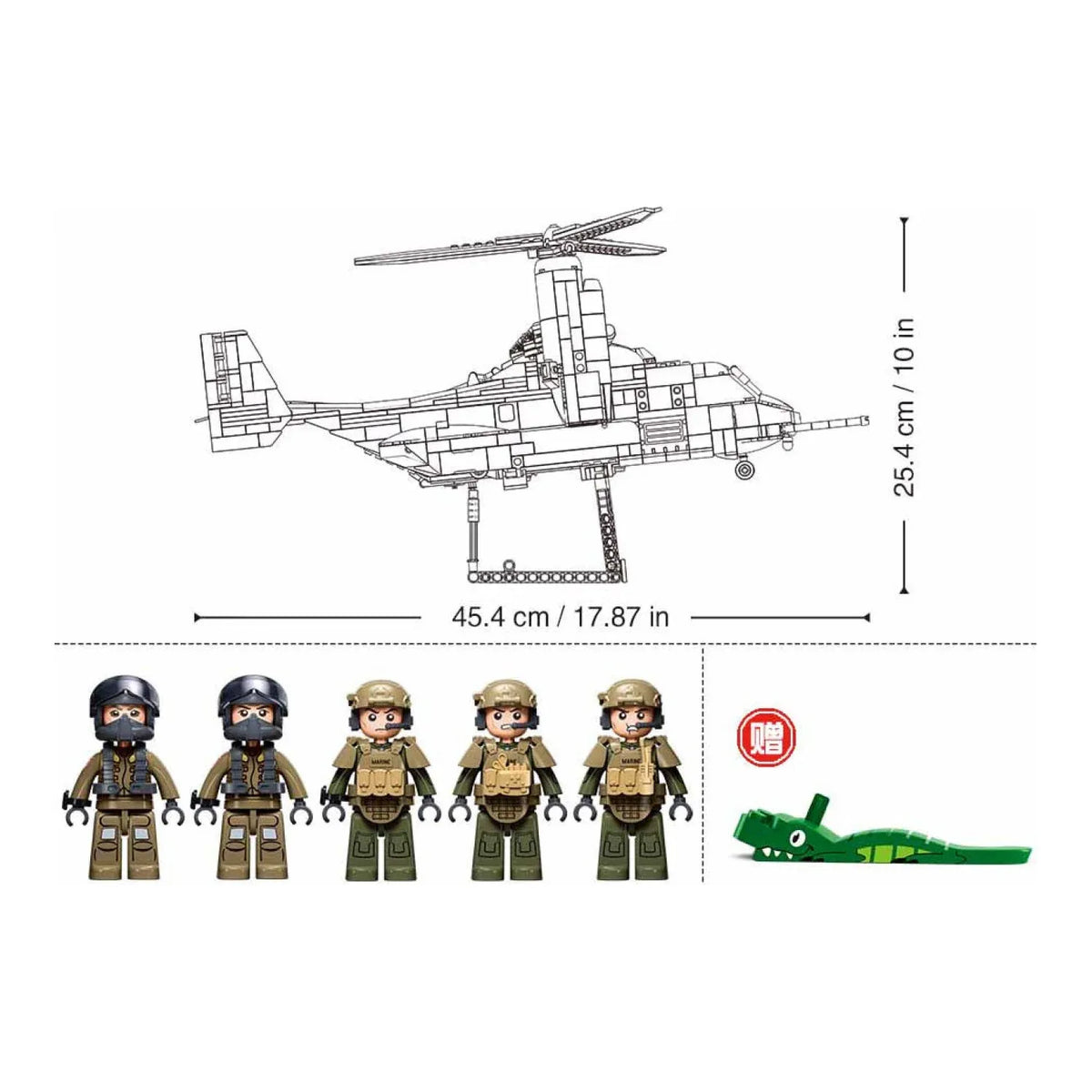 Sluban B1537 MV-22 Osprey tiltrotor helicopter model kit for kids, featuring military aircraft building blocks and toy assembly.