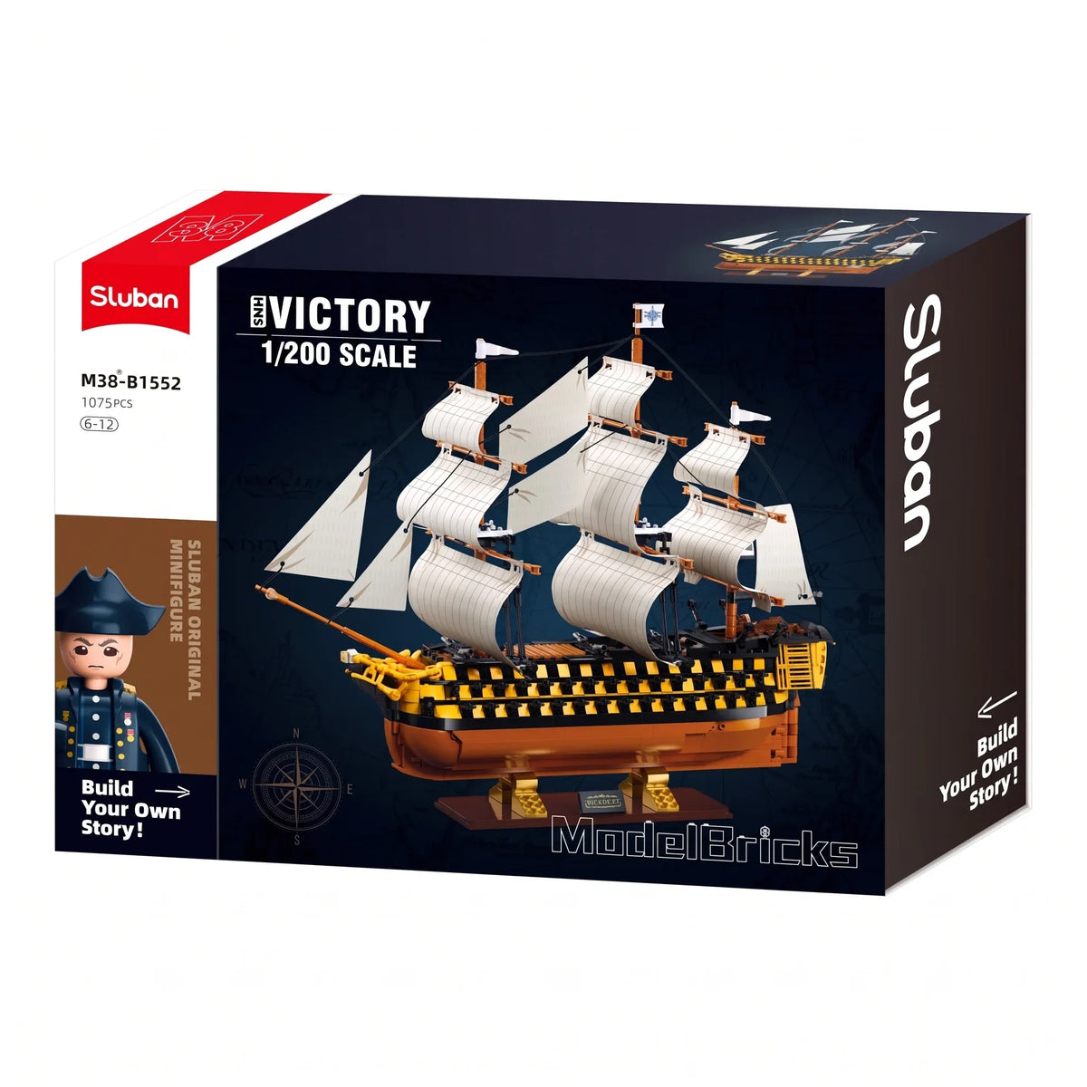 Sluban B1552 HMS Victory sailing battleship model kit, detailed navy warship construction toy for kids, DIY military vessel set.