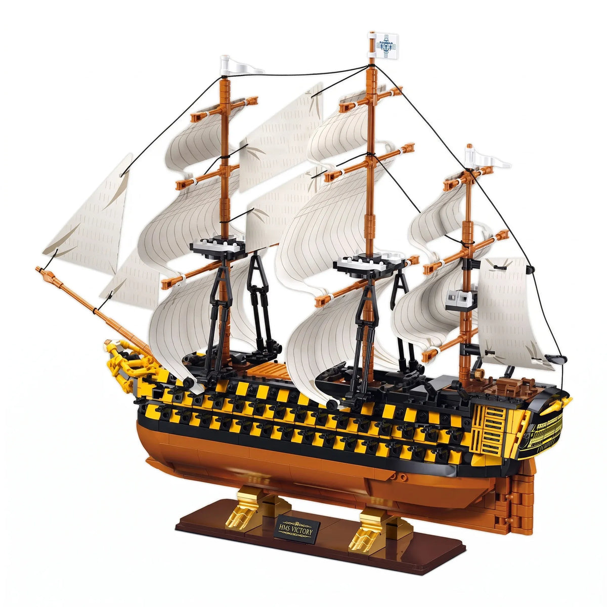 Detailed image of Sluban B1552 HMS Victory model kit, a 1:200 navy sailing battleship toy for kids, in a construction set style.