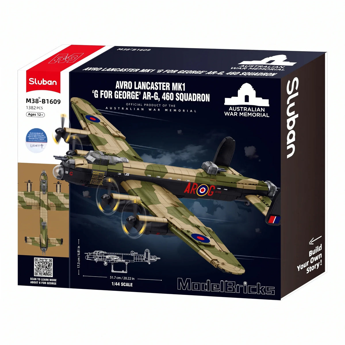 Sluban Lancaster Bomber G model kit for kids, WWII RAAF military plane building toy, featuring detailed military aircraft design.