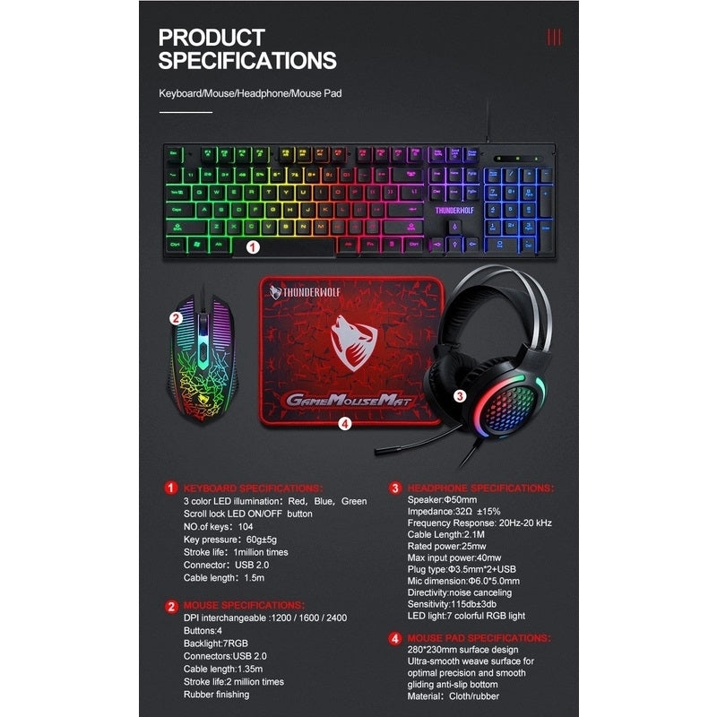 T-Wolf TF400 4-pcs Rainbow Keyboard/Mouse/Headphone/Mouse Pad Kit Set