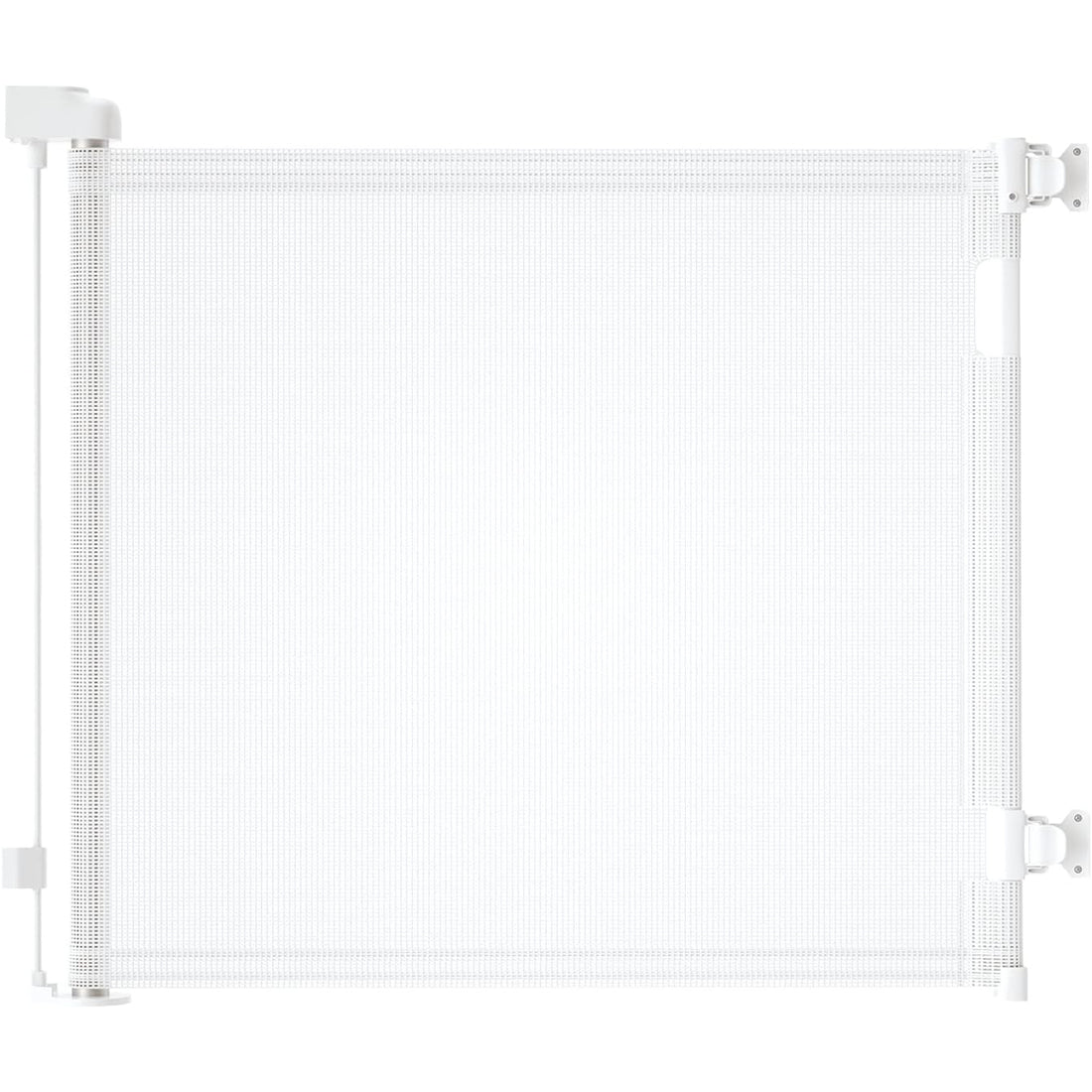 White retractable 1.5M baby and pet safety gate by Everything Baby, suitable for doorways, hallways, stairs, indoor and outdoor use.