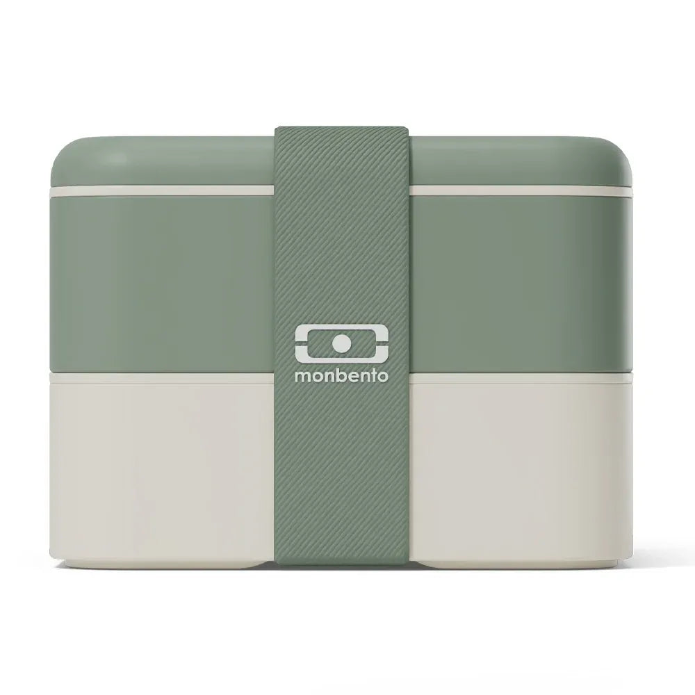 Monbento Flex green kid's lunch box with two compartments and cutlery, designed for children, featuring a natural green color.