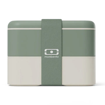 Monbento Flex green kid's lunch box with two compartments and cutlery, designed for children, featuring a natural green color.
