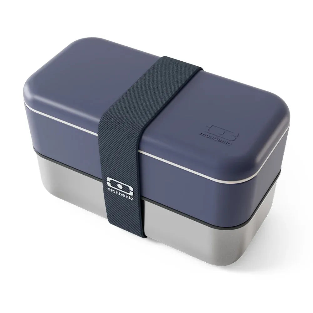 Monbento Mb Sense Original two-tier metal food container in natural blue, ideal for kids' lunch boxes and snacks.