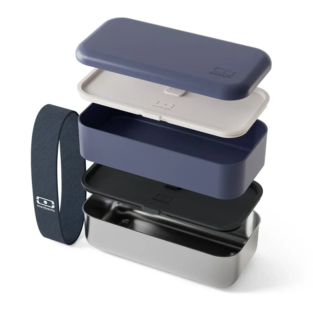 Monbento Mb Sense Original natural blue two-tier metal food container for kids, featuring a durable, eco-friendly design.