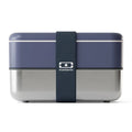 Monbento MB Sense Original two-tier metal food container in natural blue, designed for kids' lunch boxes and food storage.