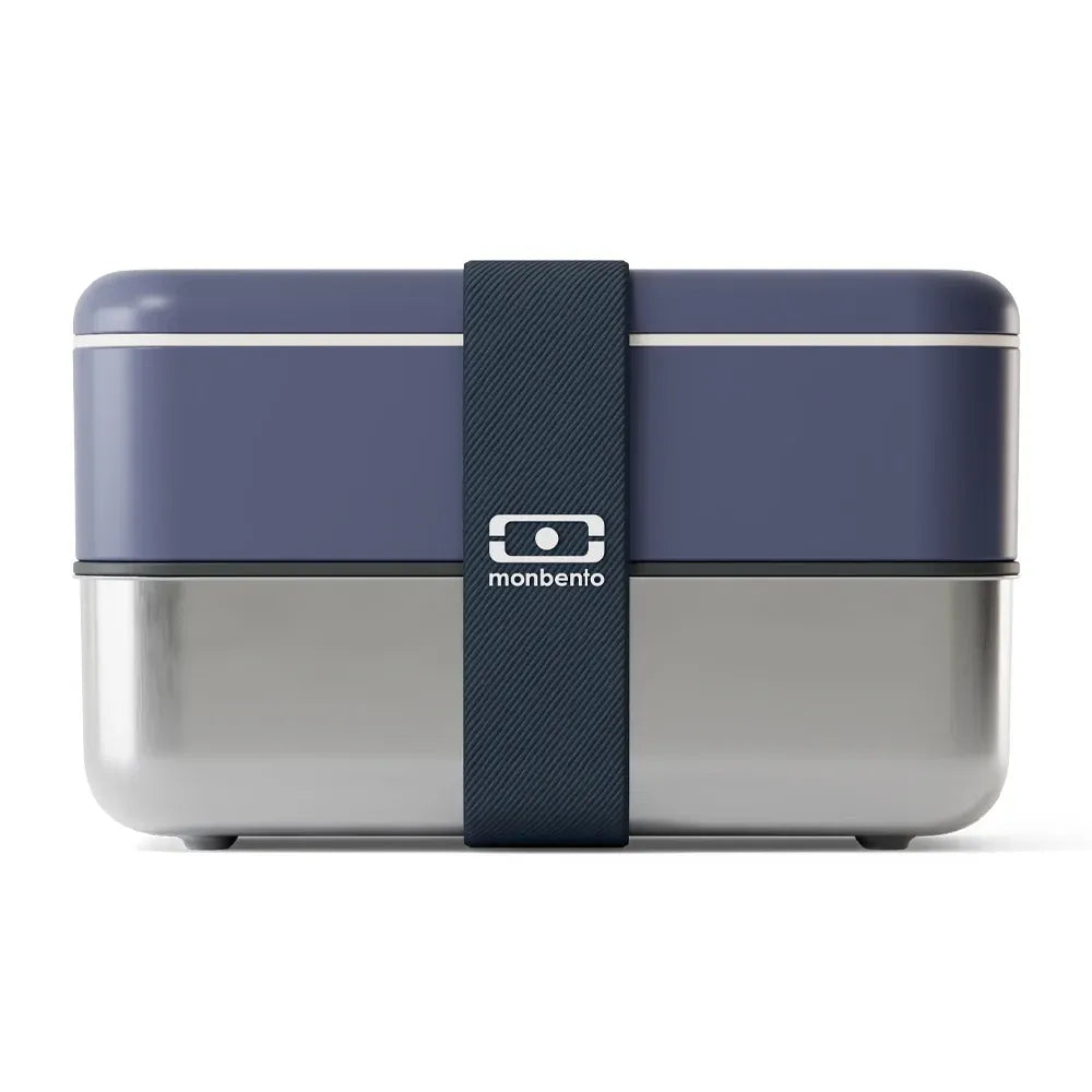 Monbento MB Sense Original two-tier metal food container in natural blue, designed for kids' lunch boxes and food storage.