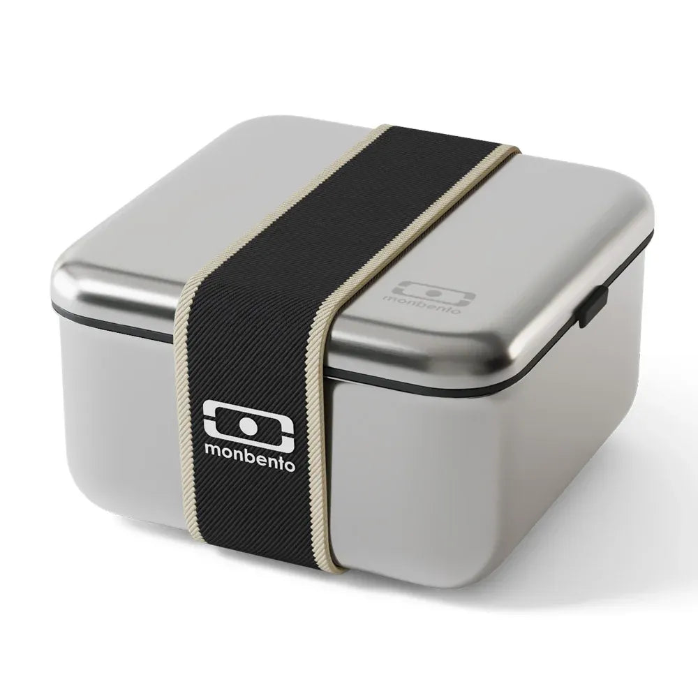 Black Monbento Mb Sense L metal microwave-safe lunch box for kids, featuring a sleek design and secure lid for easy transport.