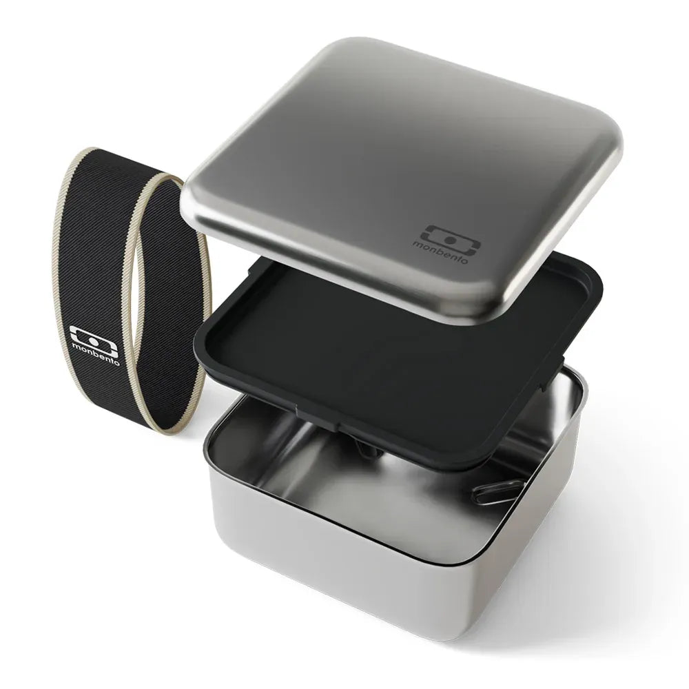 Black Monbento Mb Sense L microwave-safe metal lunch box for kids, featuring a sleek design and secure lid for packed lunches.