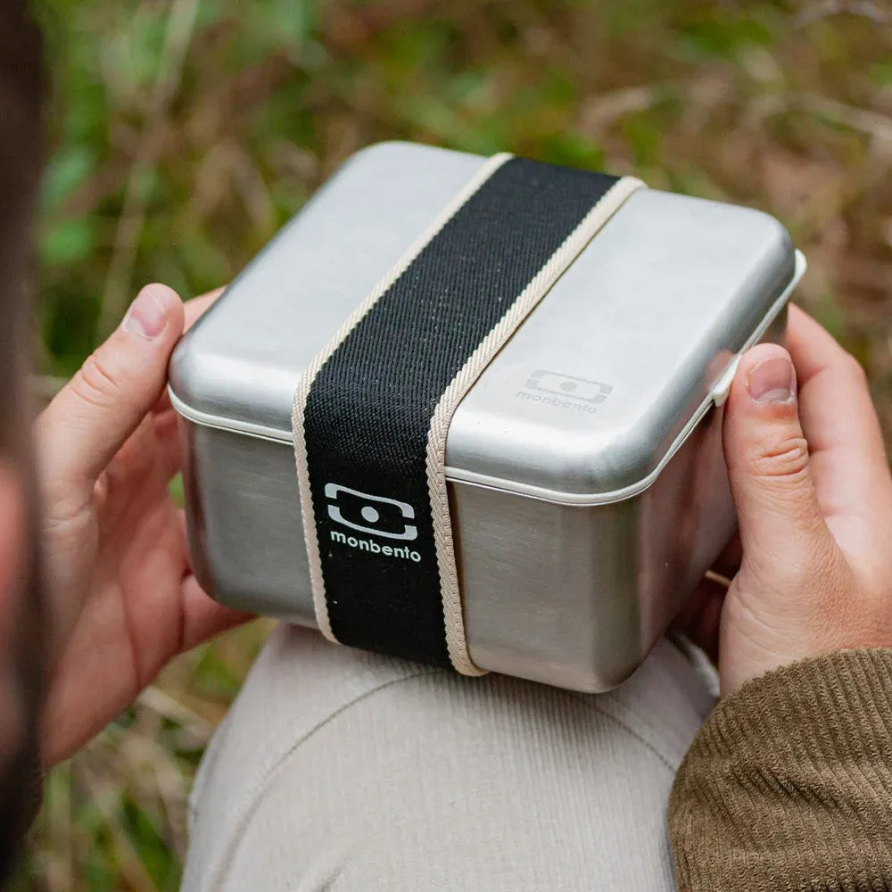 Black Monbento Mb Sense L metal lunch box with microwave-safe design, ideal for kids' lunch, by Everything Baby.