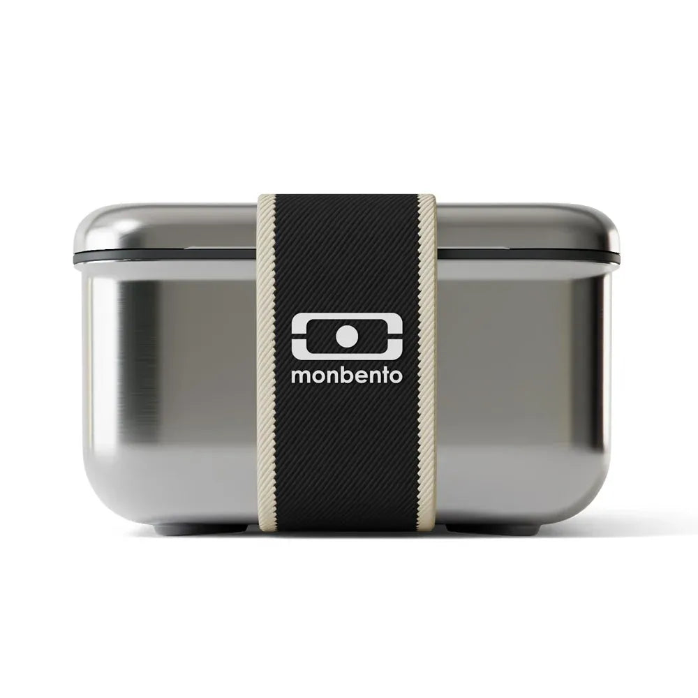 Black Monbento Mb Sense L metal lunch box for kids, microwave-safe, with a sleek design for children's lunch and snack storage.