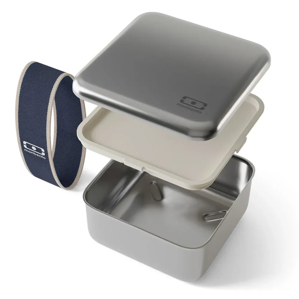 Monbento MB Sense L microwave-safe metal lunch box for kids in natural blue, featuring a durable design for packed lunches.