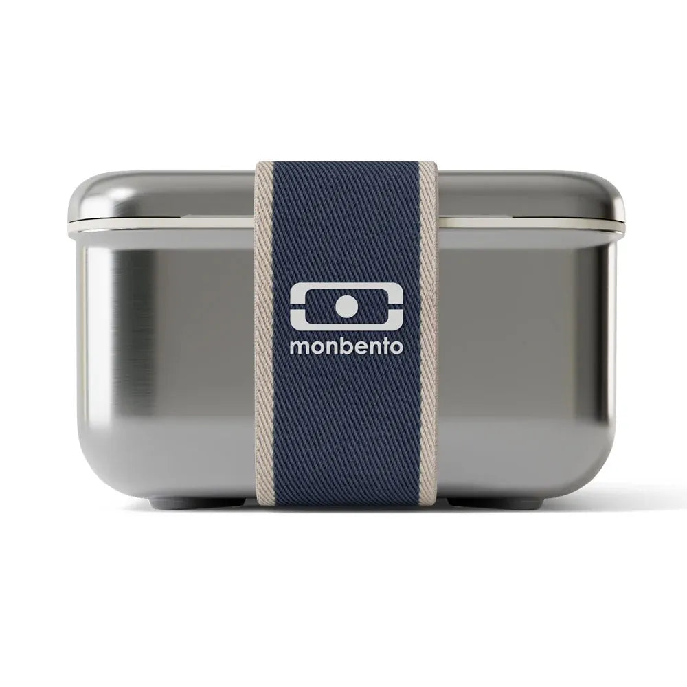 Monbento MB Sense L metal lunch box for kids in natural blue, microwave-safe and durable for school or outings.
