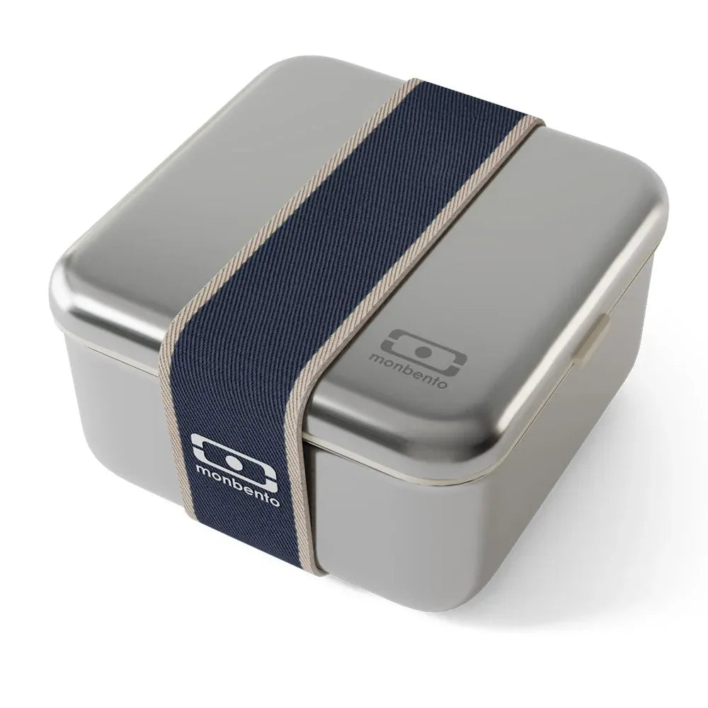 Monbento MB Sense L microwave-safe metal lunch box in natural blue for kids, featuring a durable design for kid's lunch storage.