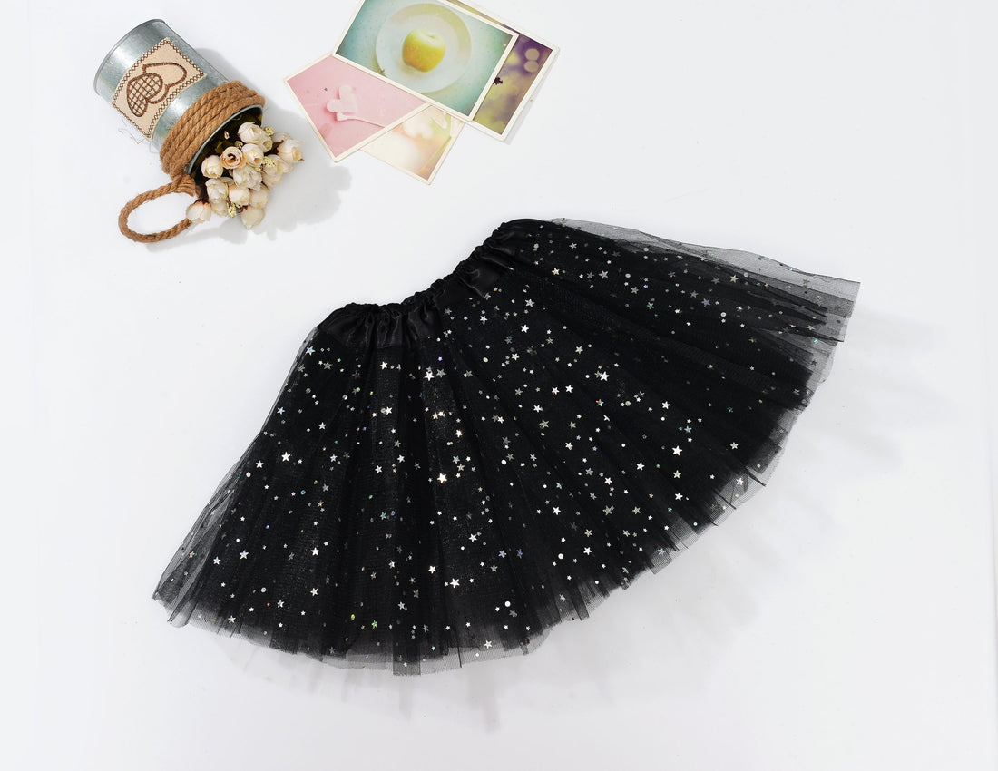 Black sequin tulle tutu skirt for girls, perfect for ballet, princess dress-up, and parties, by Everything Baby.