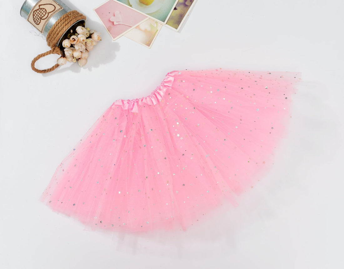Light pink sequin tulle tutu skirt for girls, perfect for ballet, dress-up, and parties, by Everything Baby for baby girls.