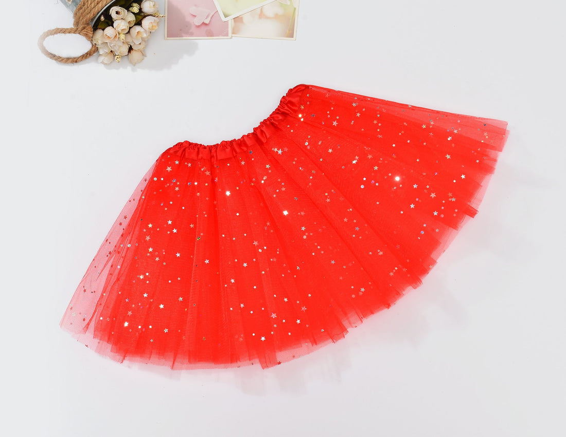 Red sequin tulle tutu skirt for girls, perfect for ballet, dress-up, and parties, by Everything Baby. Baby and kids dance wear.