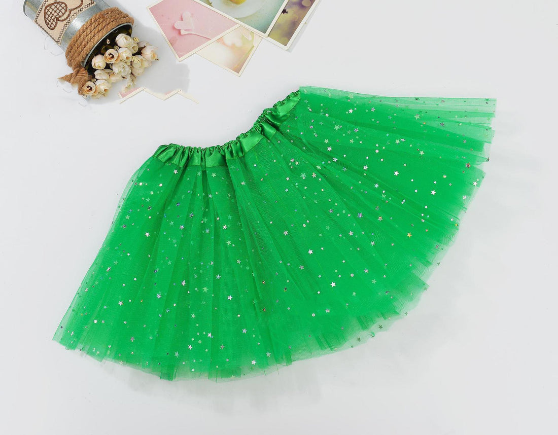 Green sequin tulle tutu skirt for girls, perfect for ballet, princess dress-up, and parties, by Everything Baby.