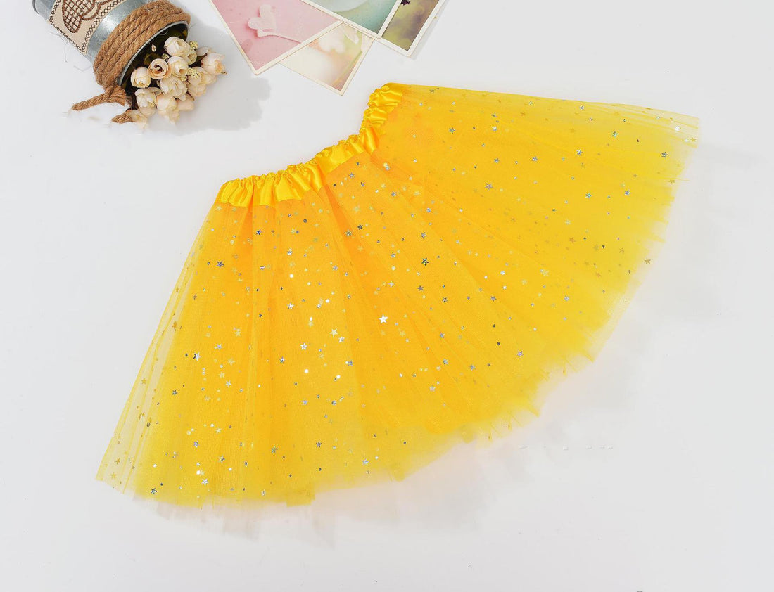 Yellow sequin tulle tutu skirt for girls, children's ballet dance dress, perfect for princess costumes and parties.