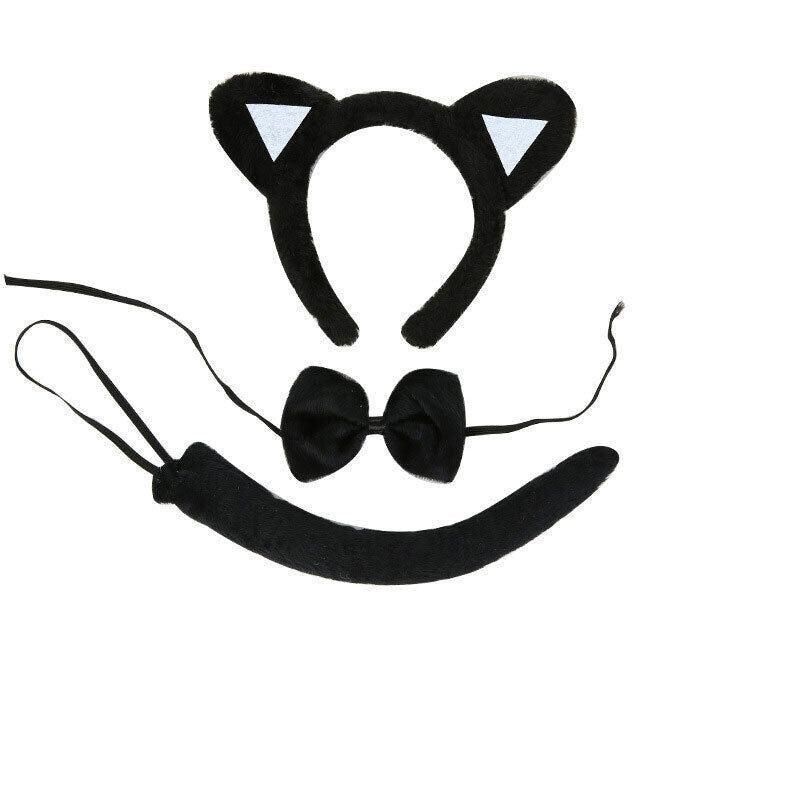 Black cat animal costume dress-up set with tail, bowtie, and ears for kids' pretend play and cosplay by Everything Baby.