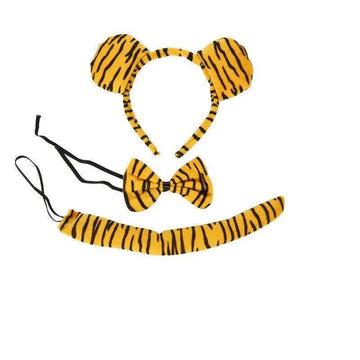 Baby tiger animal costume dress-up set with ears, tail, and bowtie for kids pretend play and cosplay activities.