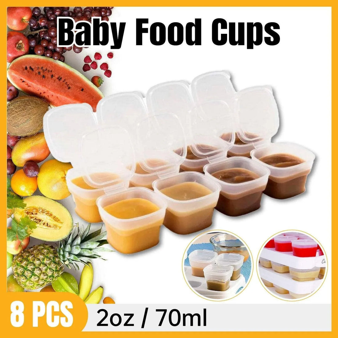 Set of eight 70ml baby food storage cups with lids and tray by Everything Baby, ideal for feeding and storage.