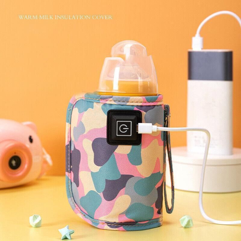 Pink portable USB baby bottle warmer bag for travel, designed to keep milk warm on the go, ideal for nursing and feeding.
