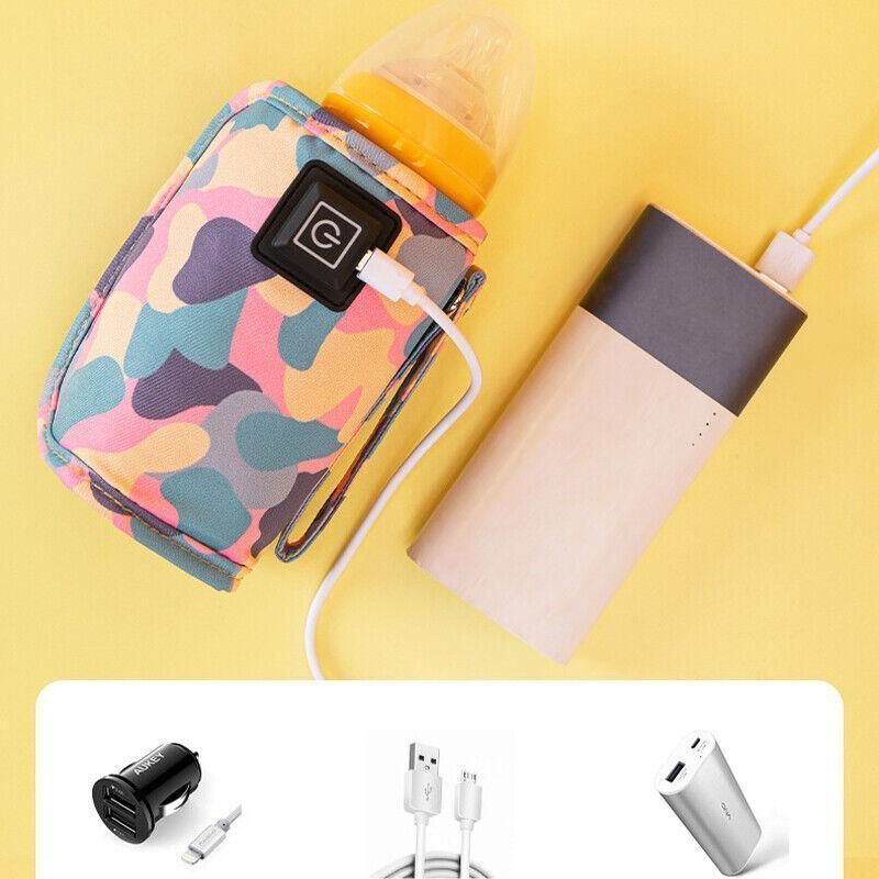 Purple portable USB milk warmer bag for baby bottles, travel feeding pouch from Everything Baby, designed for on-the-go warming.