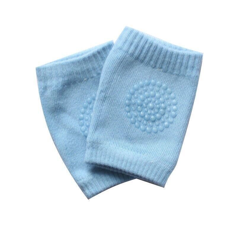 Blue crawling knee pads for babies by Everything Baby, soft protective cushions for toddler legs and knee protection during play.