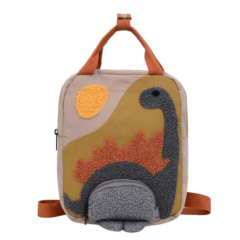 Khaki mini dinosaur backpack for kids, 21x10x26cm, featuring adorable dinosaur design for early learners and daily outings.