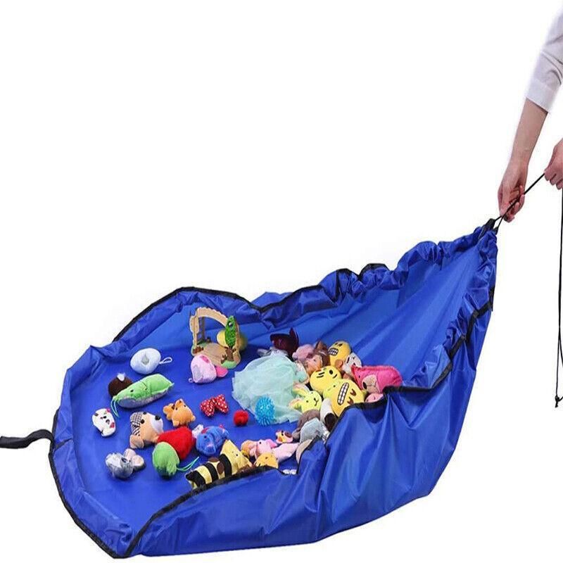 Pink kids' play mat bag with drawstring closure for storing Lego toys, portable toy storage organizer for children.