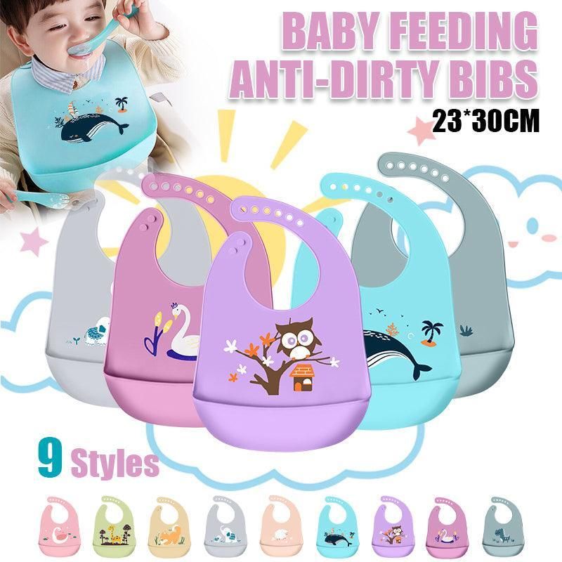Silicone waterproof baby feeding bib apron with giraffe print, easy to clean toddler pouch for kids aged 0-6 months.
