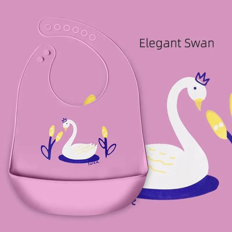 Silicone waterproof baby feeding bib apron with a giraffe design, easy to clean toddler pouch for feeding and drool protection.