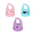 Silicone waterproof baby feeding bib apron with adjustable neck and front pocket for catching crumbs, suitable for toddlers.